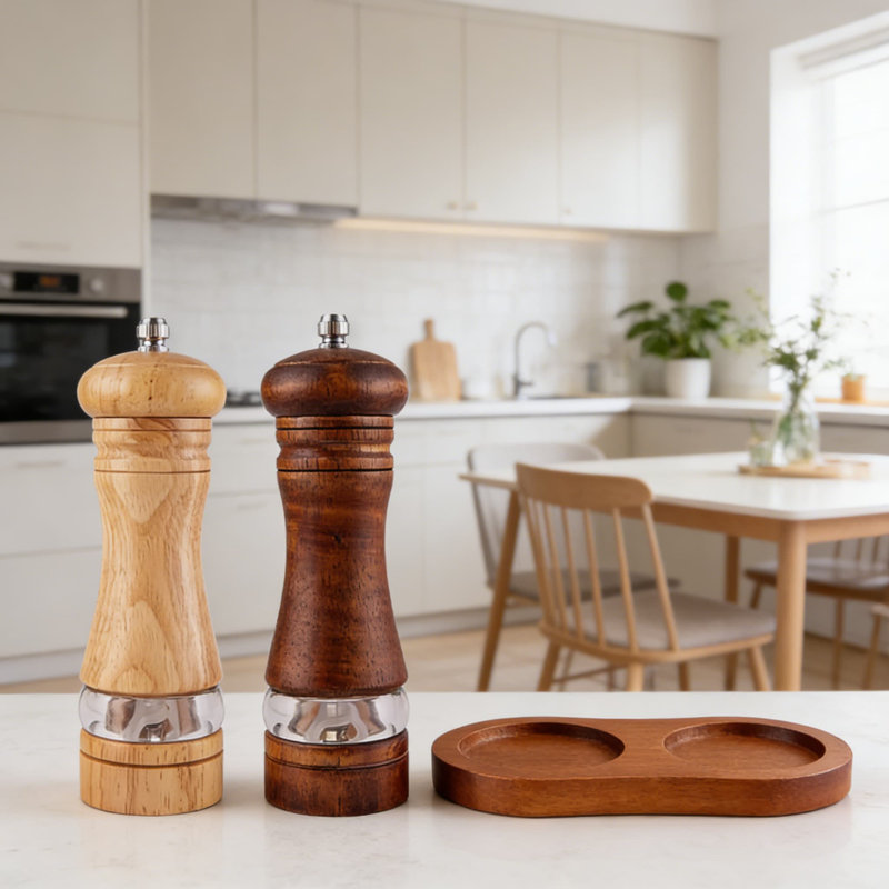 Ensemble de moulins à poivre et à sel en bois avec moulin à céramique réglable, fenêtre de visualisation en acrylique et plateau en bois - 2 moulins manuels rechargeables
