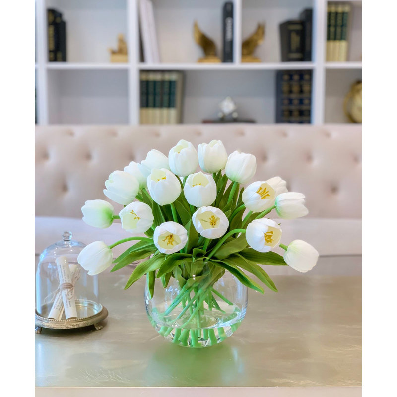 Real Touch Tulip Table Centerpiece In Bubble Glass Vase, Green