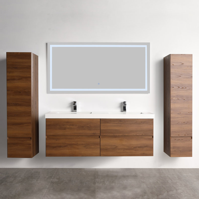 Meuble-lavabo double flottant avec lavabo mural Annedoris, Brun noyer