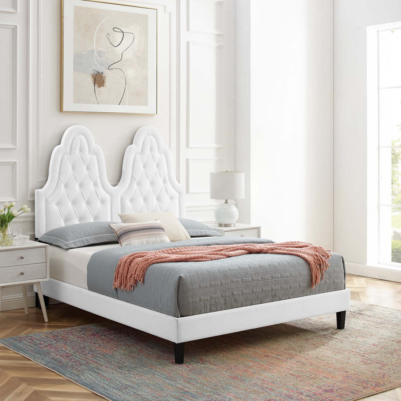 Lit plateforme en velours Alexandria, Simple, Blanc