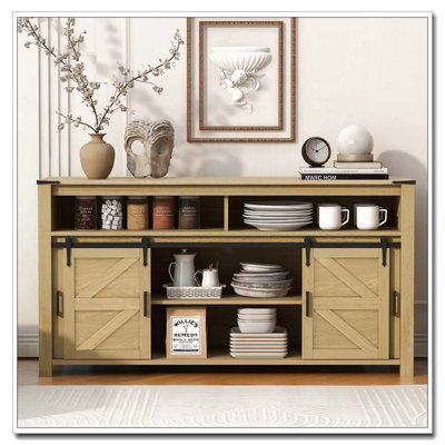 59.3''Sideboard With Sliding Barn Door And Mesh Panels,Farmhouse Buffet With Open Storage,Suitable For Living Room, Hallway, Balcony,Kitchen