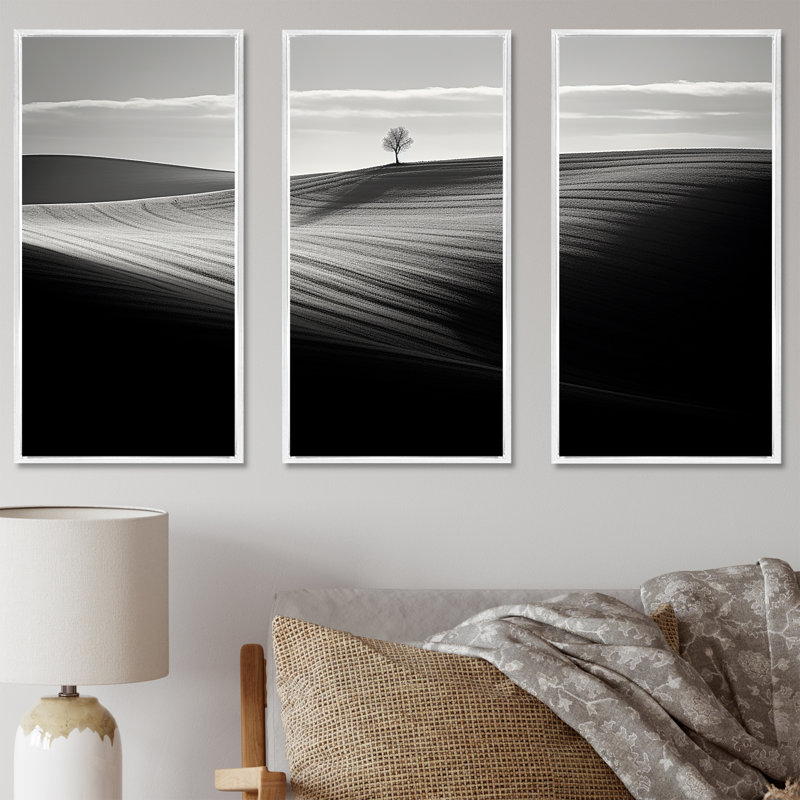 «Black and White Meadow Horizon Photo III», ensemble d'art mural sur toile, Cadre flottant blanc, H 40 po x l 60 po x P 1 po
