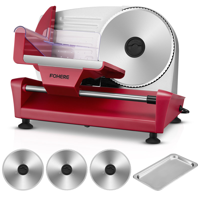 Fohere 250w Meat Slicer With Three 7.5" Sharp Stainless Steel Blade, Deli Food Cutter, 0-15mm Adjustable Thickness For Cheese, Bread, Include Safety Food Pusher, Red