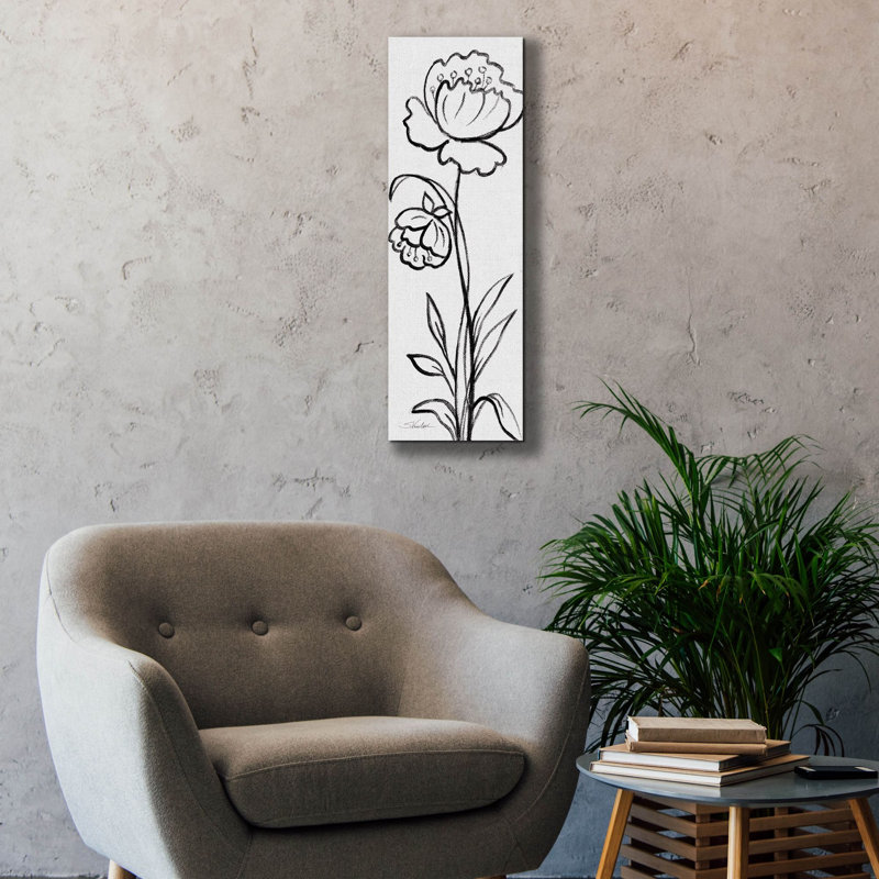 "Epic Graffiti" Black and White Floral 2 Linen "par Silvia Vassileva, art mural sur toile, 12 po x 36 po