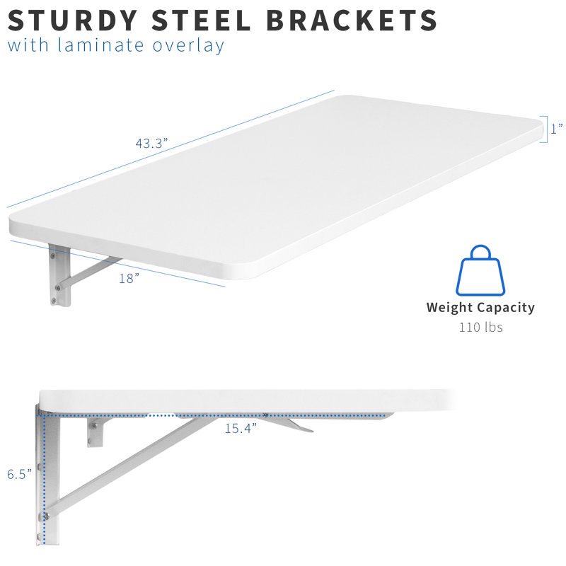 Wall Mounted Folding Workbench, White, 6.5" H x 43.3" W x 18" D