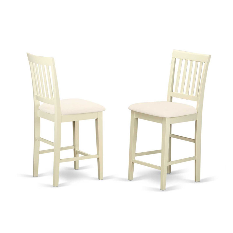 Ensemble bistro 3 pièces à hauteur de comptoir pour petits espaces comprenant une table ronde en bois avec piédestal et 2 chaises rembourrées en tissu de lin, babeurre et cerise