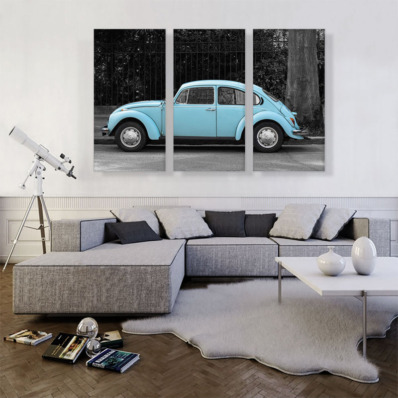 Blue Blue Beetle Bug Vintage Car - ensemble de 3 impressions sur toile tendue, H 40 po x l 60 po x P 0,75 po