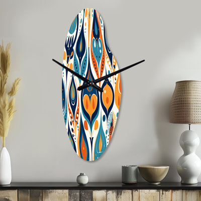 Orange et bleu Botanical Symphony II - horloges abstraites incurvées en métal, horloge murale asymétrique