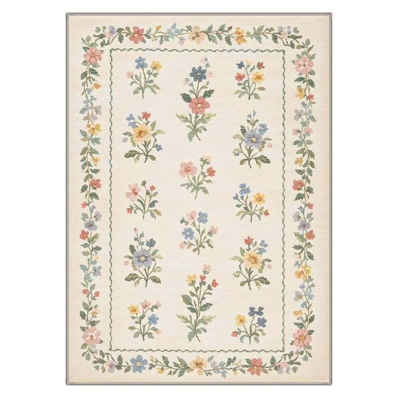 Aaron Vintage Cottagecore Wildflower Area Rug, Machine Washable, Ultra-Soft Faux Cashmere& Non-Slip Backing