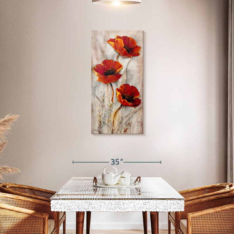 Coquelicots rouges sur taupe II, H 42 po x l 21 po