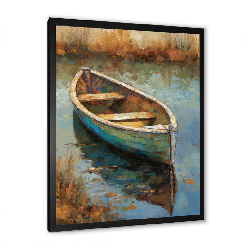 «Lake Serenity Dinghy Boat Resting On The Water I», art mural Lakehouse, H 32 po x l 16 po x P 1 po, Cadre simple noir