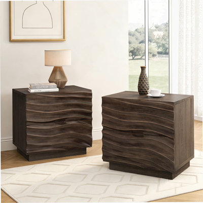 Solid Wood Nightstands Set of 2, Bedside Table with 2 Drawers, No Handles, Sofa End Table for Living Room, Bedrooms,Black