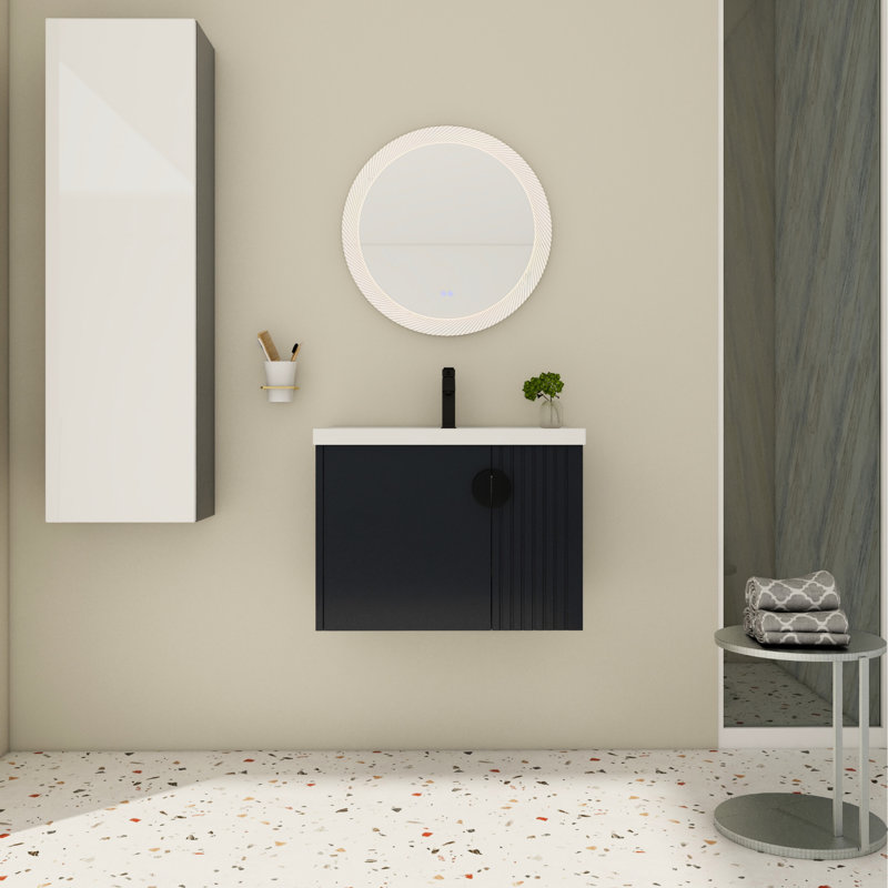 Meuble-lavabo de salle de bain avec lavabo en céramique - Porte murale à fermeture douce de 28 pouces et poignées en métal de style moderne pour petites salles de bain