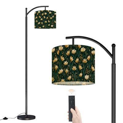 Arc Floor Lamp with Adjustable Lampshade Floral White Yellow Blooms Dark Green Standing Lamp 3 Colour Temperatures Dimmable Tall Pole Lamp with Foot Switch for Bedroom