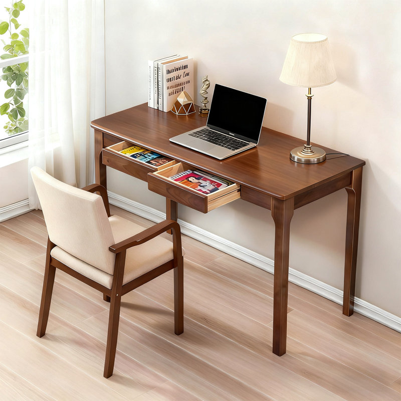 Bureau en bois massif avec tiroirs, Brun