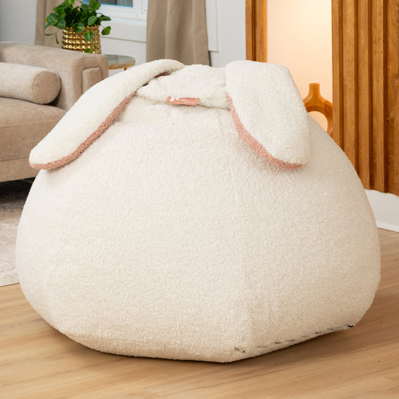 Raven-Symoné Home Hopseat Bunny Oval Shaped Large Bean Bag Chair With Ears, Ultra Soft Shearling - Cloud White, White Boucle