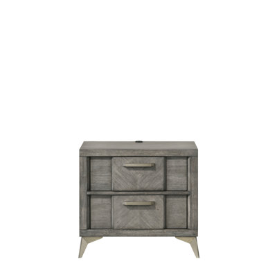Table de chevet 2 tiroirs grise avec placages et poignées en métal