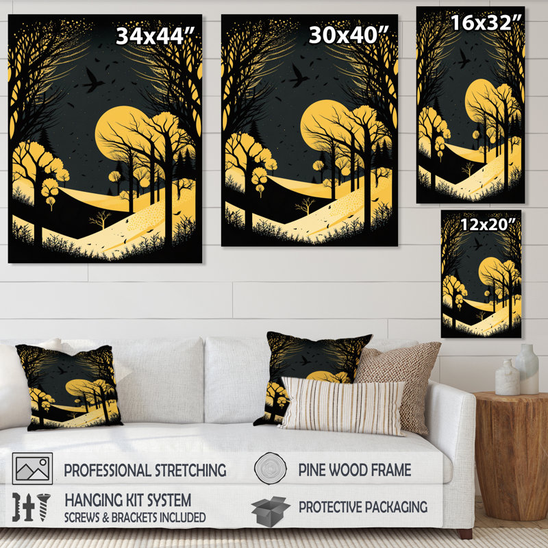 Hiver, arbres dans la forêt de montagne enneigée VI - Paysage, impression jaune, H 32 po x l 16 po x P 1 po, Toile tendue