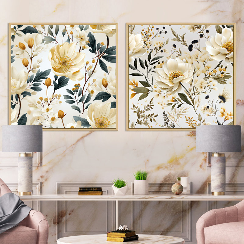 Pelhat - Ensemble de 2 collages carrés floraux, Cadre flottant brun, H 30 po x l 61 po