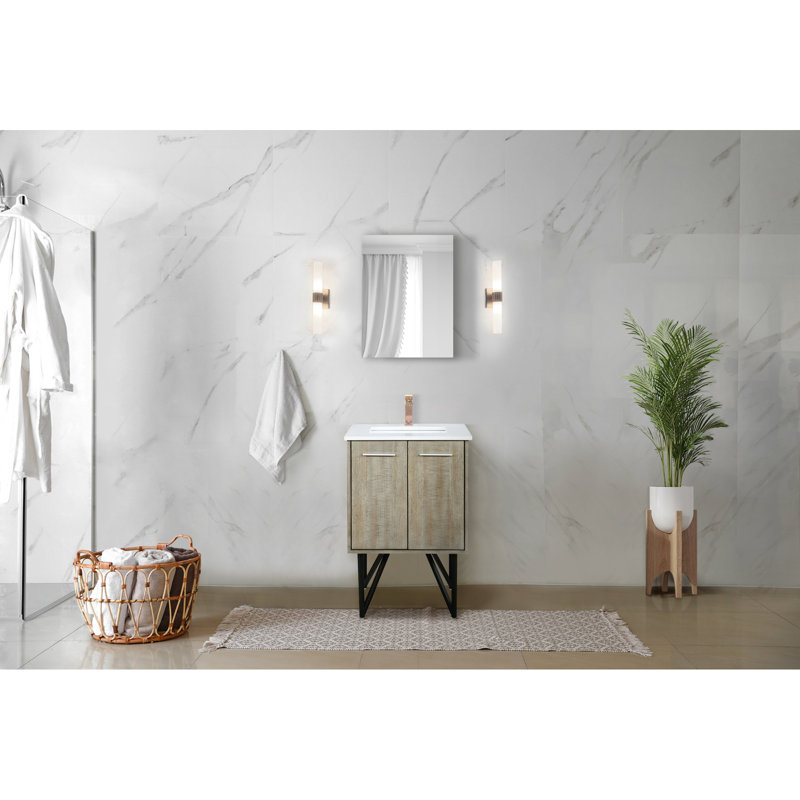 Rustique 24 po Meuble-lavabo large pour salle de bain avec comptoir en quartz blanc, robinet or rose et miroir de salle de bain carré l 18 pi x P 20 po - surface, biseauté mural