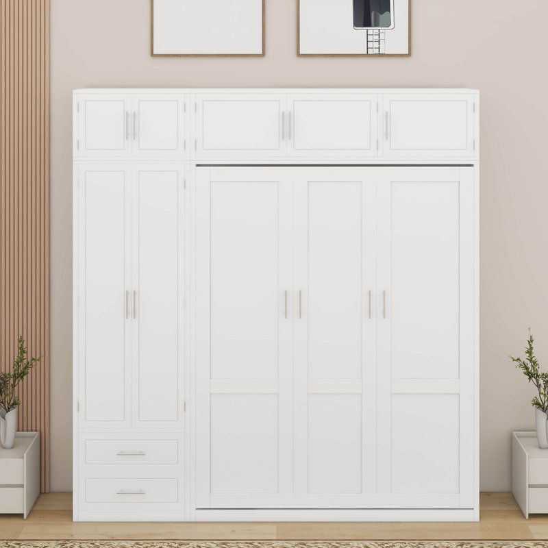 Grand lit escamotable mural avec armoire supérieure, tablettes et garde-robe, Blanc