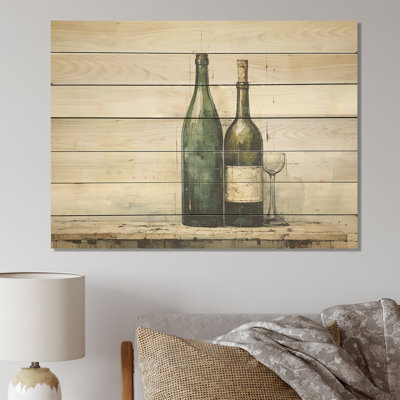 «Green Minimalist Wine Bottles Silhouette I» - impression de vin sur bois