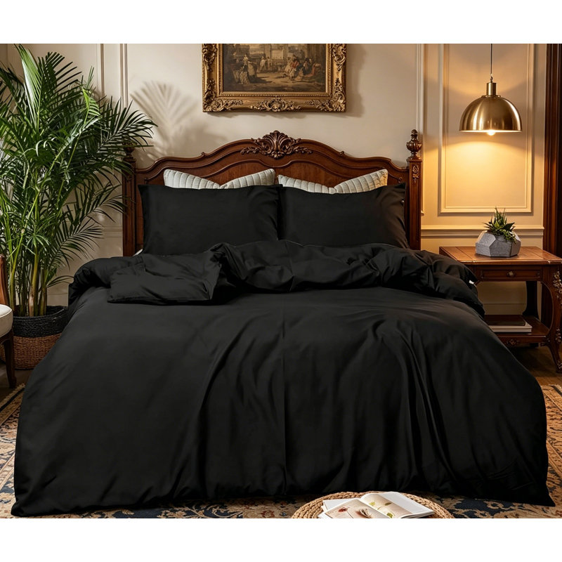 Microfiber Solid Colour Duvet Cover Set, Black, Double Bed Duvet Cover + 2 Pillowcases
