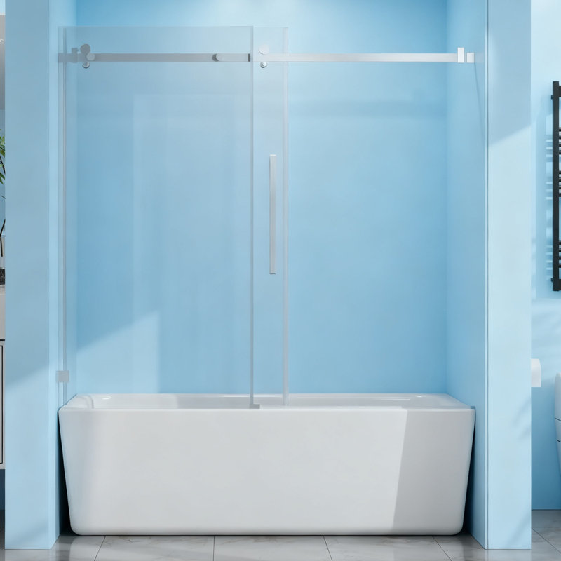 Frameless Bathtub Shower Door, 56-60" W x 58" H Sliding Tub Shower Door, 1/4''(6mm) SGCC Tempered Glass with with  Stainless Steel Handles, Chrome