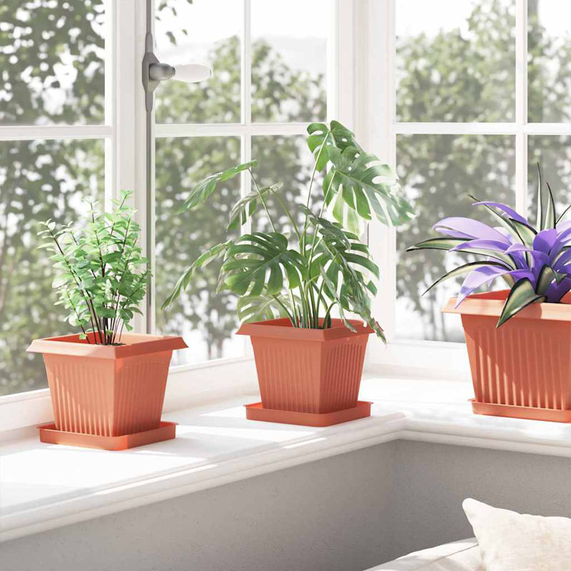  Square Flower Pot 6 Pcs Plastic, Brick Red, 14cm H x 16cm W x 16cm D