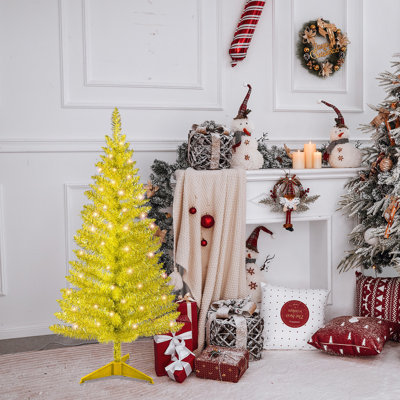 Arbre de Noël doré 4 pi avec 50 lumières UL et 122 pointes en PVC - Arbre de Noël artificiel pré-éclairé pour la décoration intérieure, un petit espace, une table, un appartement ou un bureau