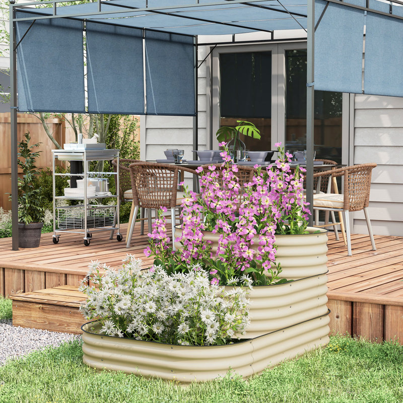 Galvanized Steel 3 Raised Garden Bed Kit, 63.99" X 43" 31.97", Creamy White, 3 Planter Boxes With Decay- Rubber Strip Edging For Patio 63.99"X43"X31.97", -