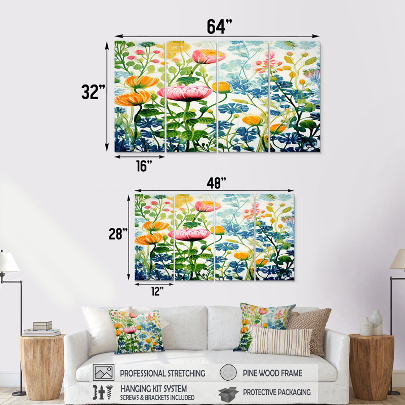Pivoine vibrante dans la prairie - art mural sur toile 4 pièces, H 28 po x l 48 po