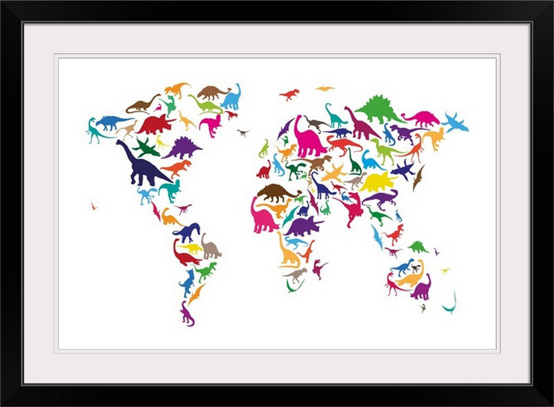 Francy «World Map Dinosaurs» par Abarca, impression, H 24 po x l 32 po x P 1 po, Cadre noir