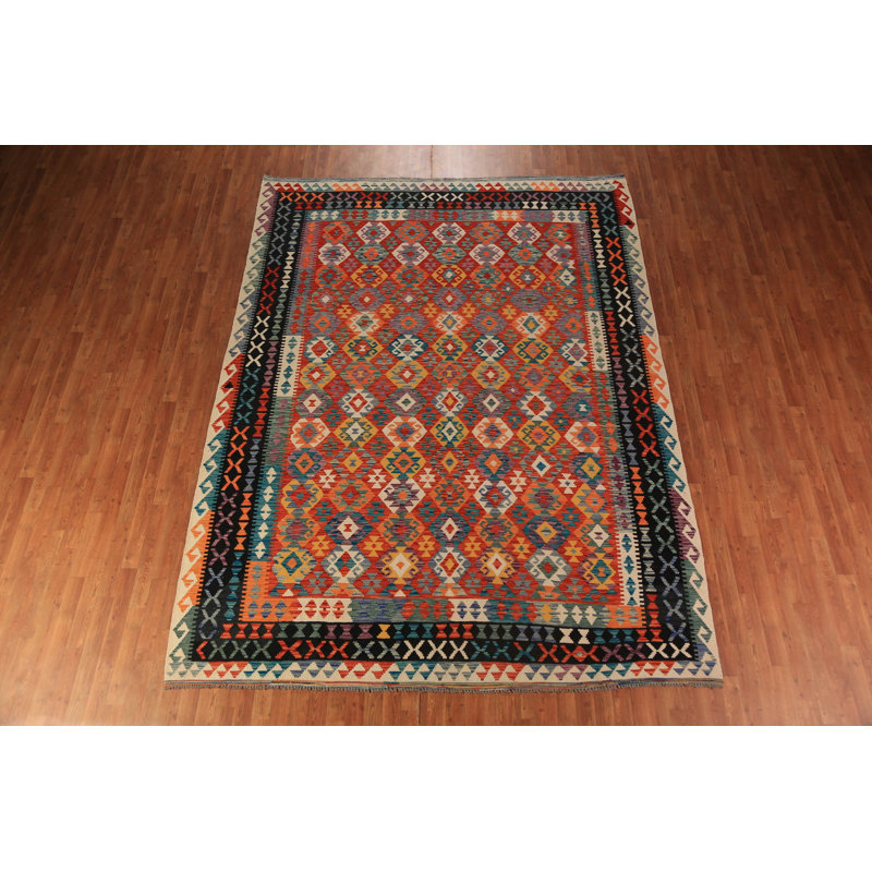Tapis oriental géométrique en laine Kilim 8 x 11