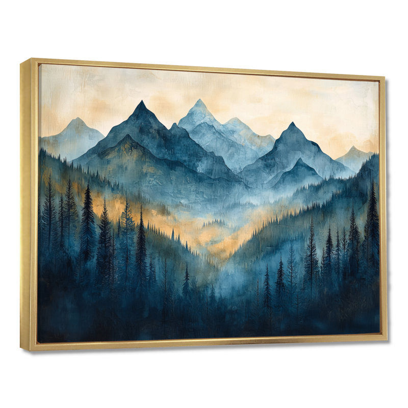 «Mountains Natures Layers In Blue Winter II», art mural montagnes, H 30 po x l 40 po, Impression encadrée flottante, Doré