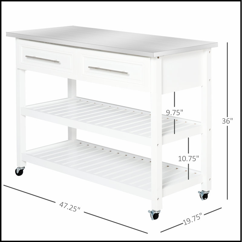 Versatile Kitchen Island with Stainless Steel Top, Open Shelves, and Drawers in Gray for Enhanced Functionality