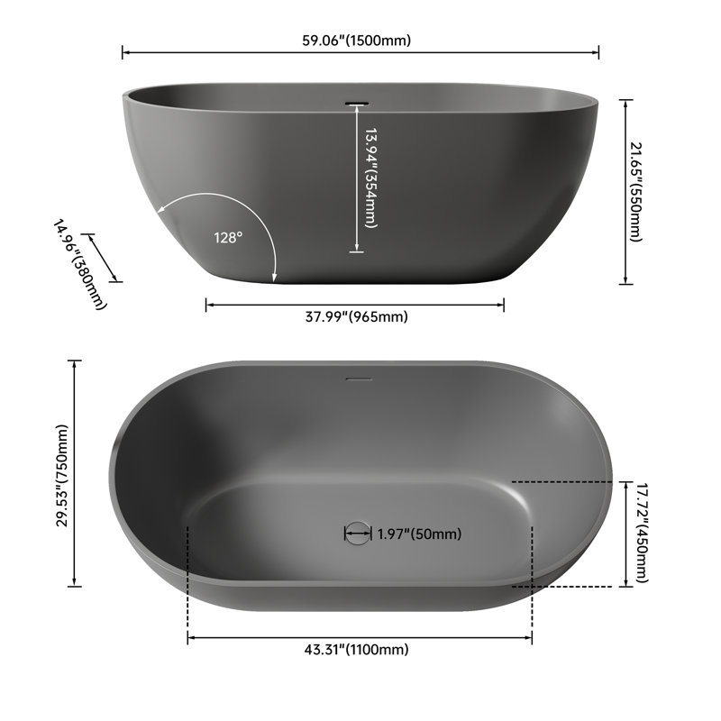 Baignoire de trempage à surface solide - Baignoire profonde autoportante, Gris mat