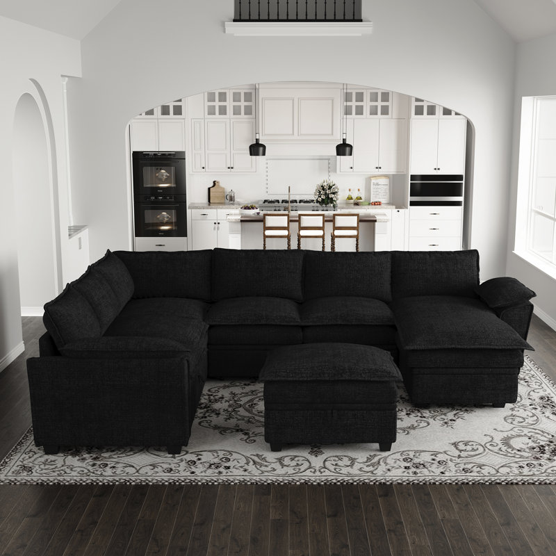 Canapé-lit modulaire en U en chenille Luna, Chenille noir