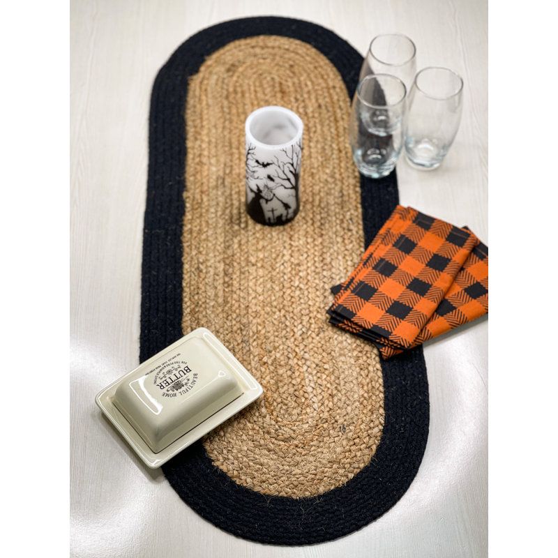 VERONA JUTE BORDER ROUND TABLE RUNNER, Natural/Black, 13" x 36"