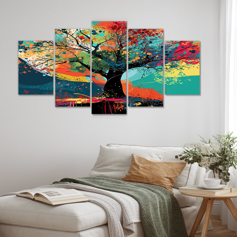 «Autumn Color Splash Tree On Mountain - Botanicals», art mural 5 pièces, H 32 po x l 60 po