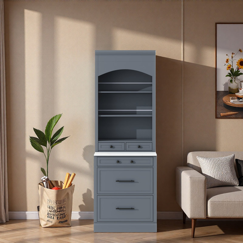 Garde-manger moderne avec plateau en faux marbre, 5 tiroirs et une tablette réglable, Gris, Noir