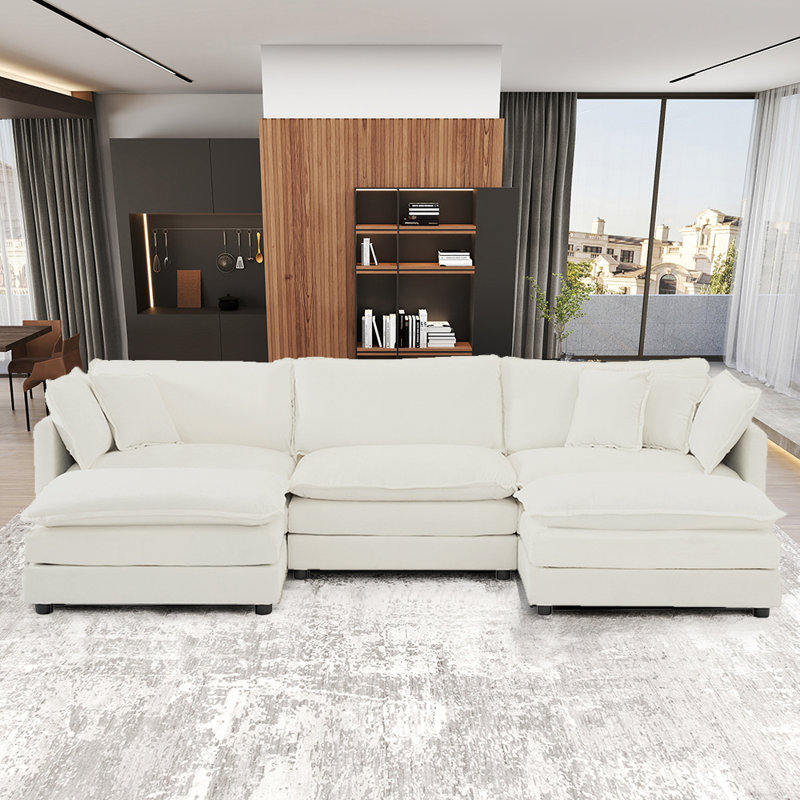 111.5" U-Shaped Modular Sectional Sofa With Movable Ottomans, White Chenille
