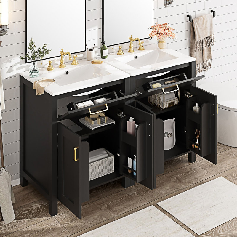 Bathroom Vanity With Ceramic Sink, Black, Gold