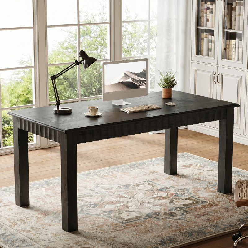 63-Inch Solid Wood Computer Desk, Large Home Office Desk with Sturdy Wooden Legs, Rustic Computer Office Table for Writing, Reading, Study, Brown