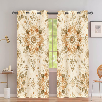 2Pcs Bohemian Vintage Sun Flower Leaf Mandala Floral Print Grommet Blackout Curtains, Retro Boho Garden Pattern, Thermal Insulated & Noise Reducing, Privacy Protection, Aesthetic Stylish Indoor Home Decor for Living Room, Bedroom, Dormitory