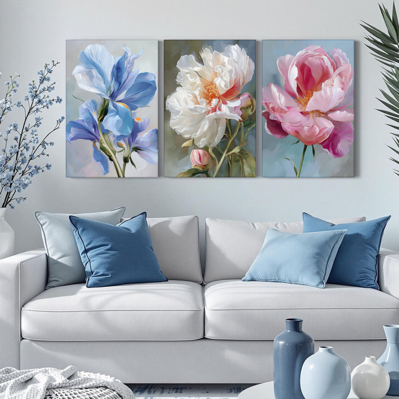 Tableau élégant à motif floral de pivoines sur toile tendue, décoration murale moderne (paquet de 3), H 18 po x l 36 po