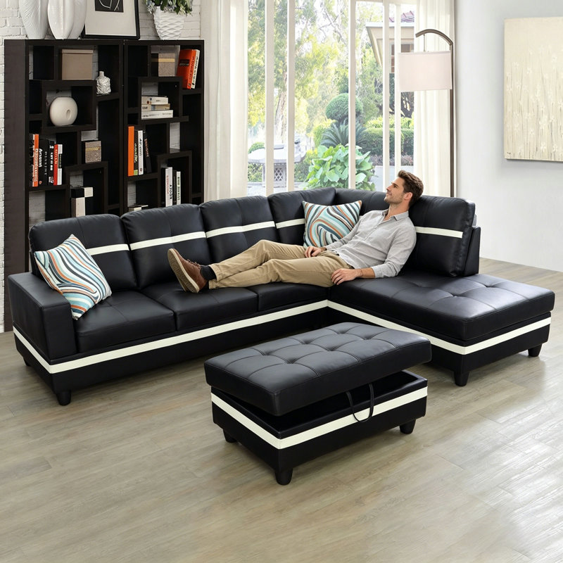 Rilan 103.5'' Faux Leather Sofa & Chaise, Left Hand Facing, Black Faux Leather
