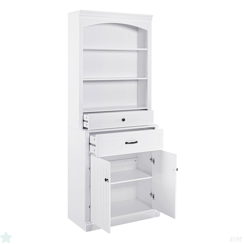 Armoire de rangement pour salle de bain avec deux portes, tiroirs, tablette réglable et trois tablettes ouvertes - Fabrication en panneau de fibres à densité moyenne durable