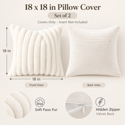 2-Piece 18" Cream Faux Fur Striped Pillow Cover Set with Velvet Back