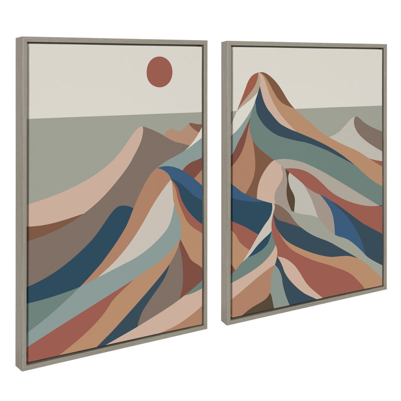 «Mid Century Modern Mountains Blue» par Rachel Lee, ensemble de 3 toiles encadrées, Beige